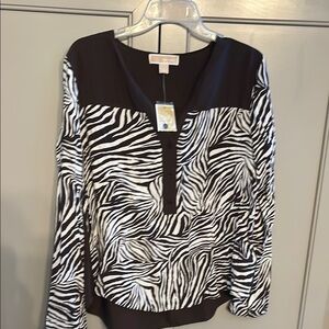 NWT Women’s Large Blouse Michael Kors Brown and White Long Sleeve Zebra Print
